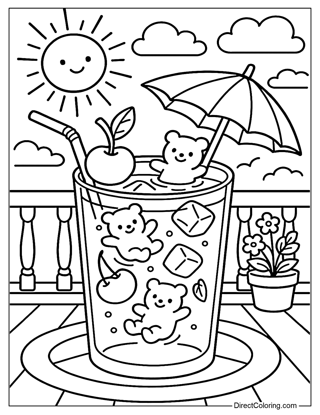 Iced cherry ice tea coloring page with gummy bears swimming in the glass, sunny summer balcony in the background.